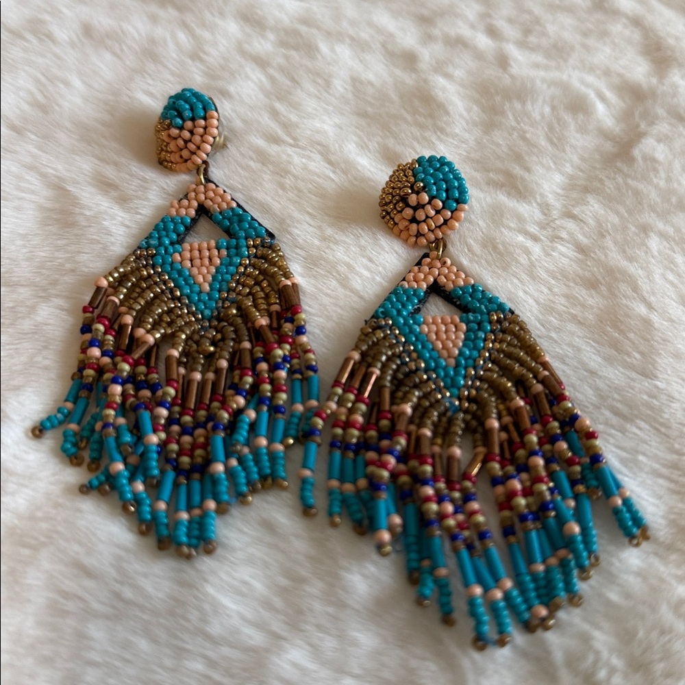 Turquoise and Gold Beaded Dangle Earrings